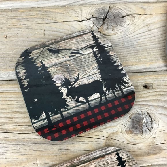 Moose Buffalo Plaid Set of 4 Hardboard Coasters - Picture 3 of 8